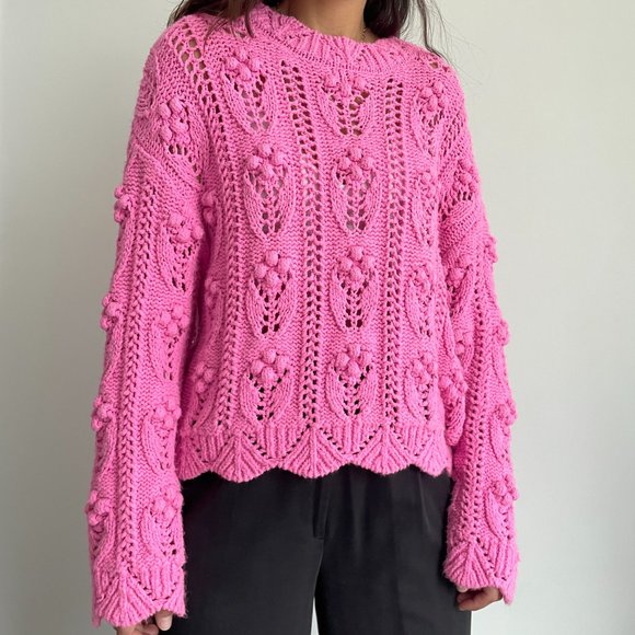 Zara Women pink pom pom knit slouchy sweater - Picture 3 of 10